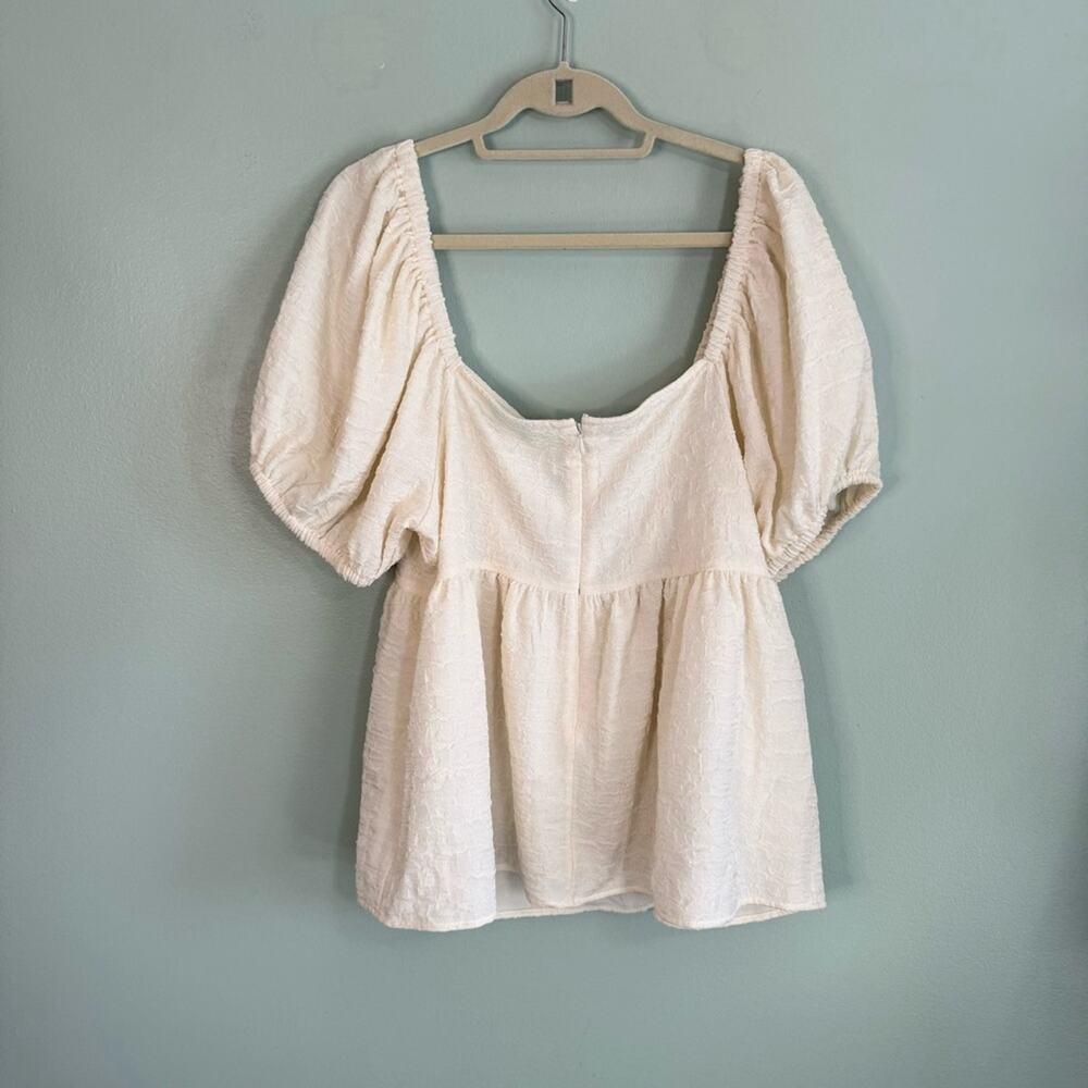 Future Collective Textured Knit Square Tie Neck Puff Sleeve Top Cream XXL Plus - Picture 4 of 11